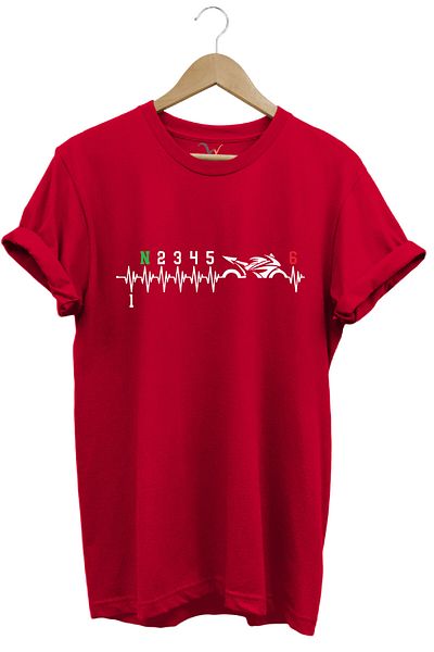 WİDİ Motorcyclist Motorcycle Heart Rhythm Printed 1N23456 Regular Fit 100% Cotton Red T-Shirt