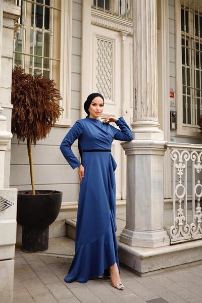 BURCU TESETTÜR Γυναικείο βραδινό φόρεμα με βολάν στη φούστα Brc1109 Indigo