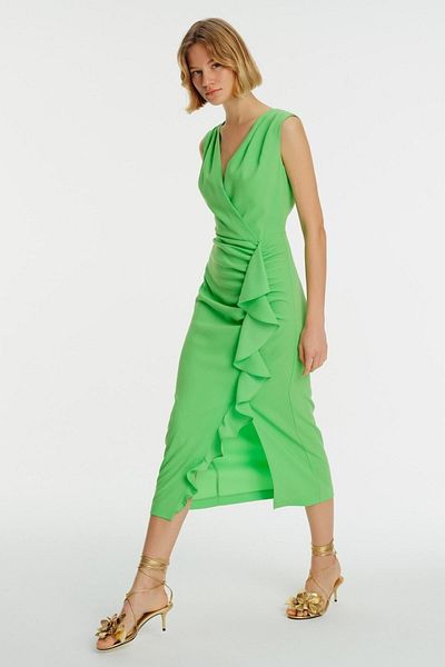 Exquise Rochie midi din crep, fără mâneci, cu volantă