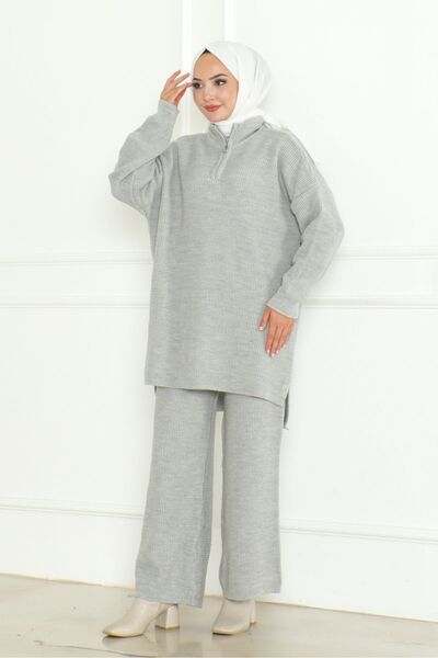 Bestenur Gray Knitwear Tunic and Trousers Set - Zippered 1126
