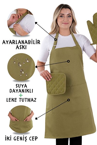 sevilya Simple 3'lü Set Ayar Askılı Mutfak Önlüğü Seti (ELDİVEN, TUTACAK)