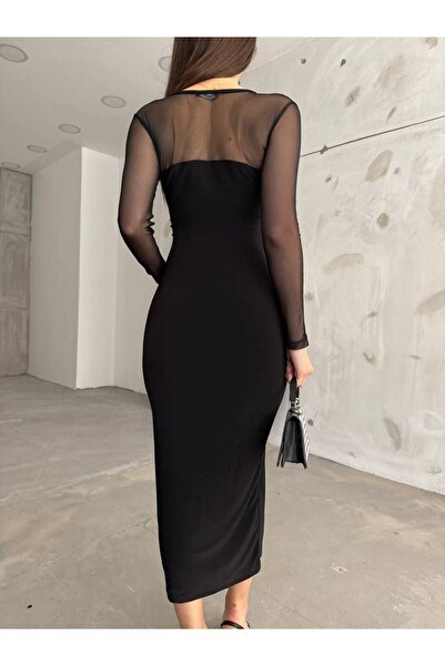 BİKELİFE Dámské černé tužkové šaty z lycry s rozparkem