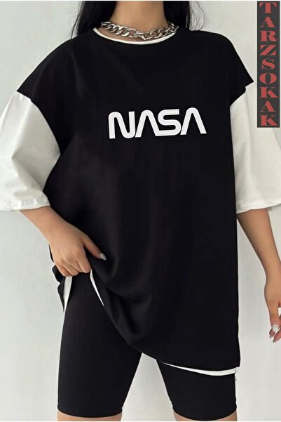 Tarzsokak تي شيرت أسود كبير الحجم مزدوج اللون مطبوع عليه نص صوت NASSA للجنسين