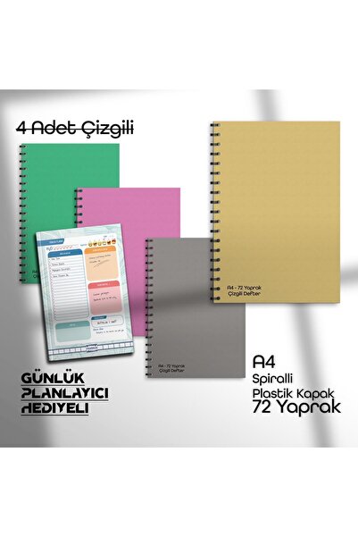 Fragman Yayınları A4 72 Yaprak 4 Adet Çizgili Okul Defteri Planlayıcı Hediyeli Plastik Kapak Spiralli