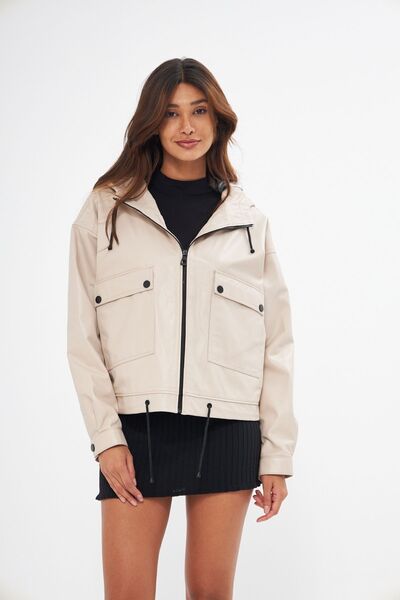 gorgitino Kadın Hakiki Deri ceket Bej renk Kapüşonlu