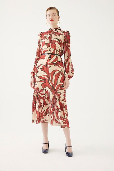 Exquise Floral Patterned Dress with Tie Collar Detail