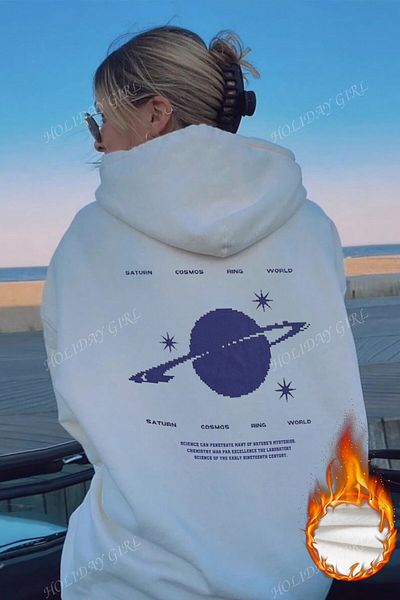 MODAGEN Λευκό φούτερ με στάμπα Saturn Unisex Oversize με κουκούλα