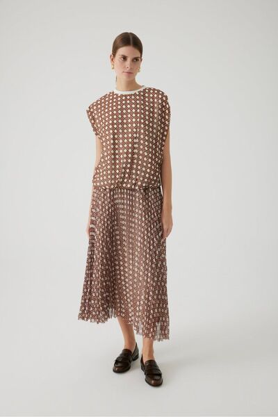 Exquise Comfortable Molded Elastic Waist Pleated Patterned Midi Skirt