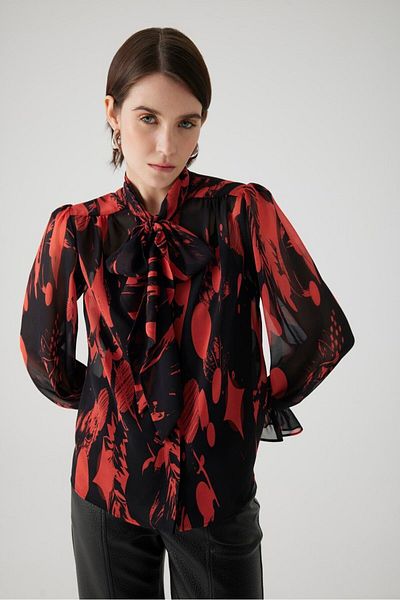 Exquise Transparent Patterned Chiffon Shirt with Tie Detail - Unlined