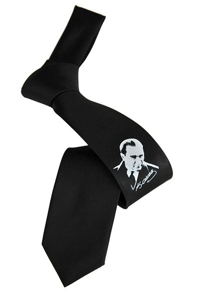 Elegante Cravatte Cravată din satin negru cu imprimeu Ataturk