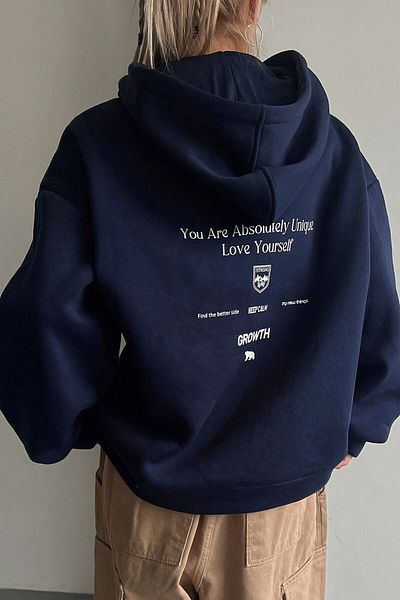 MODAGEN Navy Blue Unisex Oversize Hooded Sweatshirt - Love Yourself Back Printed