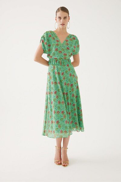 Exquise Green Dress with Flower Motif
