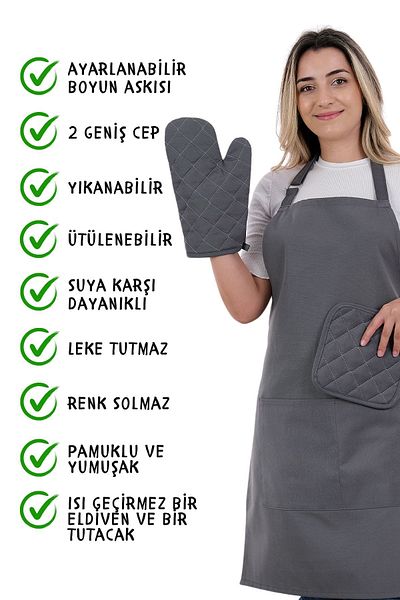 sevilya 3-Piece Simple Set Kitchen Apron with Adjustment Hanger - GLOVES, GRIPS