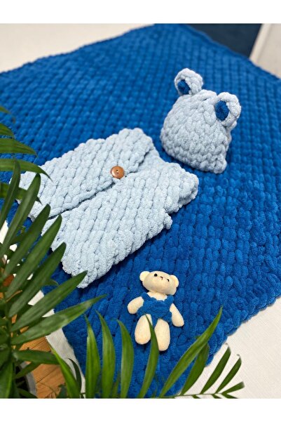 ÖRGÜCÜ DESİGN Puffy Ayıcıklı Bebek Battaniye Yelek Bere set
