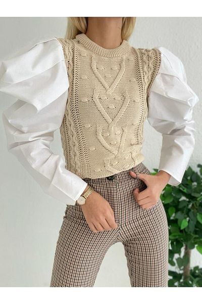 SHUGAA Mânecă de tricotaj pentru femei cu detalii din popelin