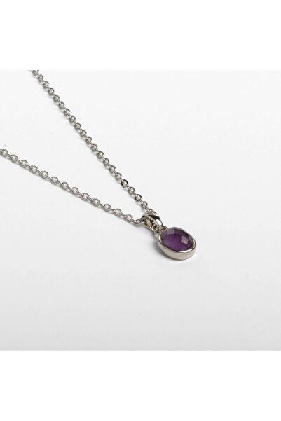 Paleo Mini Ametist Taşı Doğal Taş Çelik Kolye