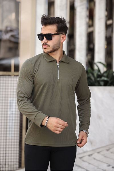 ROBERTO BORNOVA Khaki Fit - Λεπτό πουλόβερ Lycra Body με μακρύ μανίκι και μισό φερμουάρ