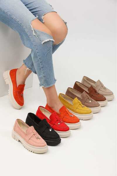 StWenn Mocasini de dama din piele intoarsa neagra - pantofi mocasin cu talpa groasa