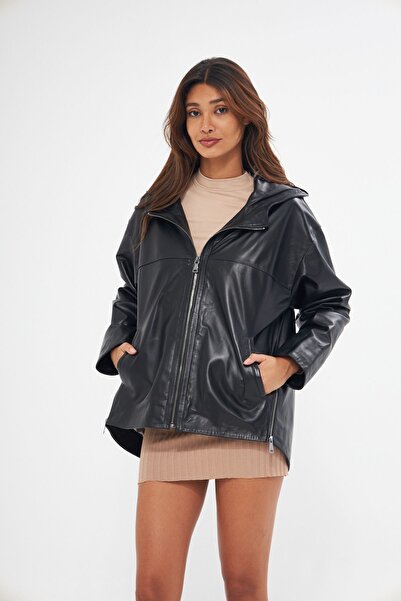 gorgitino Kadın Siyah Hakiki Deri ceket Kapşonlu Model
