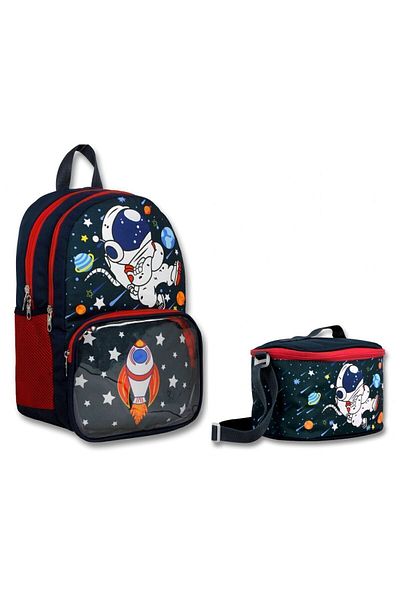 ÜMİT ÇANTA Cennec Black Red Astronaut Primary School Backpack and Lunchbox Set with Transparent Compartments - Men's Bag