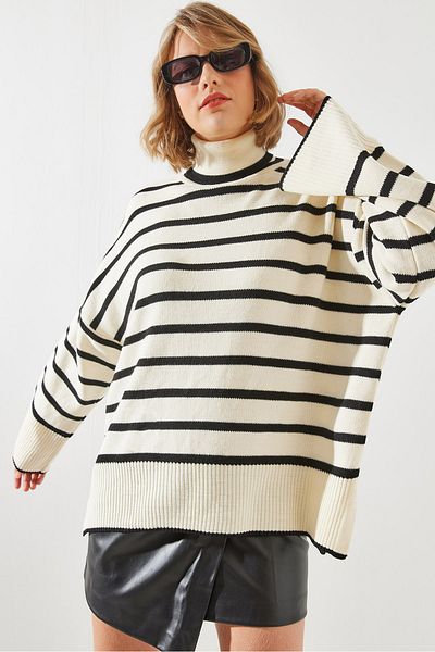 Bianco Lucci 20221002   Model Turtleneck Striped Women's Knitwear Sweater