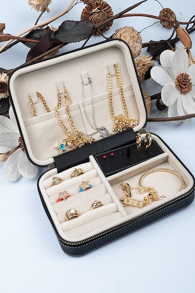 Gold Box Organizer Jewelry Storage Box with Large Size Compartments and Travel Case Wooden Black (21X14.5X5)