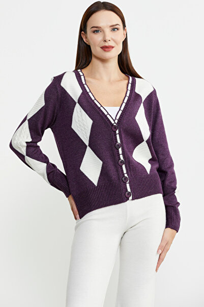 Sementa Purple Diamond Patterned Double Color Wool Knitwear Cardigan