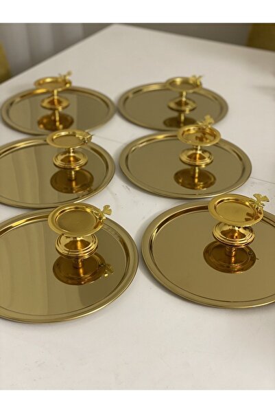 Elzemm store 2 Farklı Model 6 Lı Gold Yuvarlak Sunum Tepsisi Ve 6 Lı Kelebekli Gold Makaronluk
