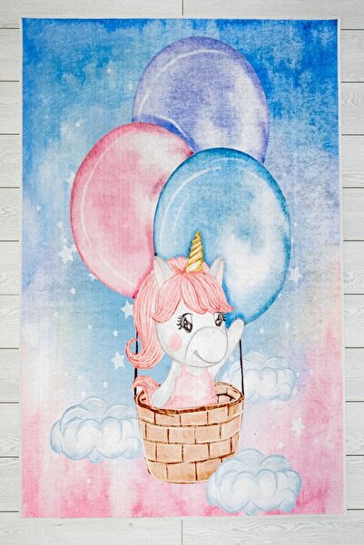 Oriente Home Unicorn Desenli Mavi Pembe Çocuk Halısı Anti Bakteriyel Kaymaz T...