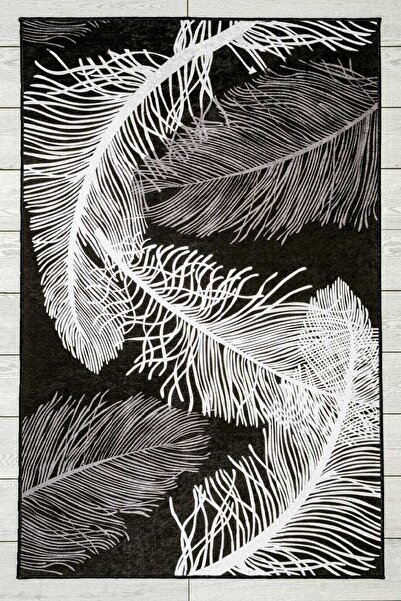 Oriente Home Tüy Desenli Modern Kadife Halı Siyah Beyaz Yıkanabilir Kaymaz Ta...