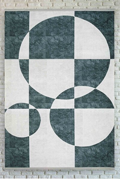 Oriente Home Geometric Patterned White Dark Gray Non-Slip Base Washable Cheni...