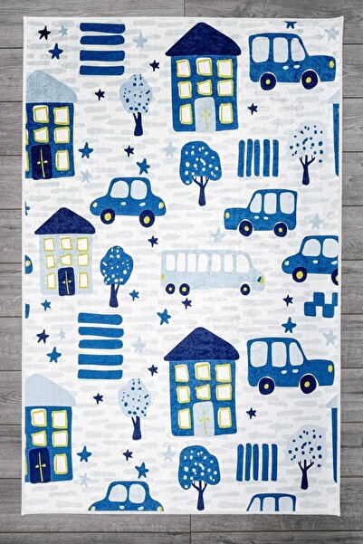 Oriente Home Figürlü Mavi Beyaz Çocuk Halısı Anti-bakteriyel Kaymaz Taban Kad...