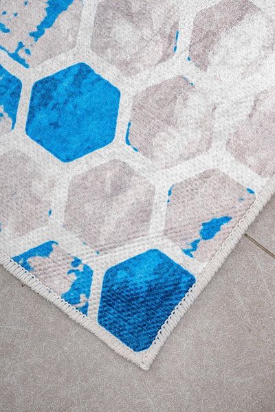 Oriente Home Honeycomb Patterned White Blue Non-Slip Base Washable Velvet 2-Piece Bath Mat 8715