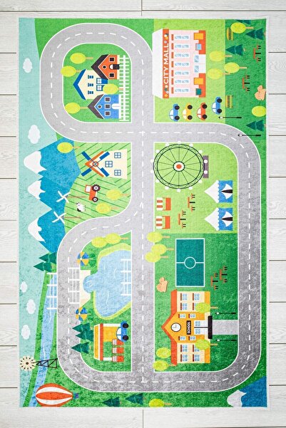 Oriente Home Figürlü Yeşil Gri Çocuk Halısı Anti-bakteriyel Kaymaz Taban Kadi...