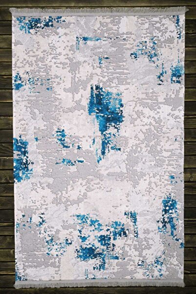 Oriente Home Abstract Desenli Mavi Yıkanabilir Şönil Dokuma Saçaklı Kaymaz Ta...