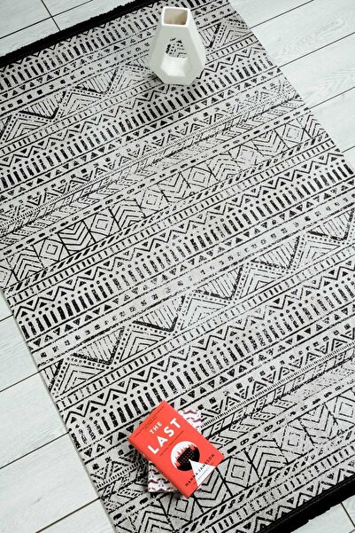 Oriente Home Scandinavian Patterned Beige Black Chenille Machine Carpet Runner Washable Hallway Carpet 7758