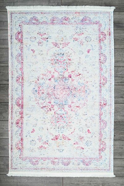 Oriente Home Klasik Desenli Pembe Şönil Makina Halısı Yıkanabilir Saçaklı Kay...