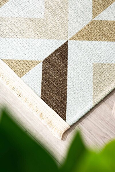 Oriente Home Scandinavian Patterned Cream Brown Washable Non-Slip Chenille Corridor Hall Carpet 7829