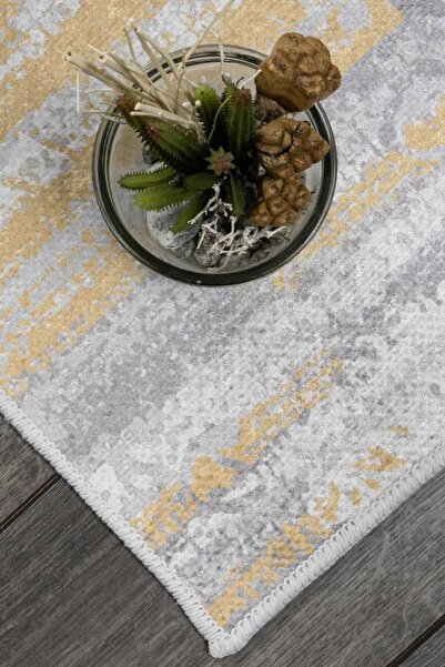 Oriente Home Bohemian Patterned Gray Yellow Velvet Carpet Washable Non-Slip Base Runner Hallway Carpet 7903