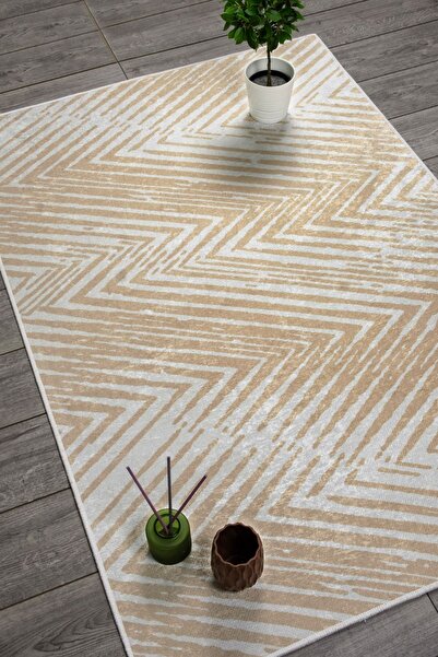 Oriente Home Modern Patterned White Beige Velvet Carpet Washable Non-Slip Bas...