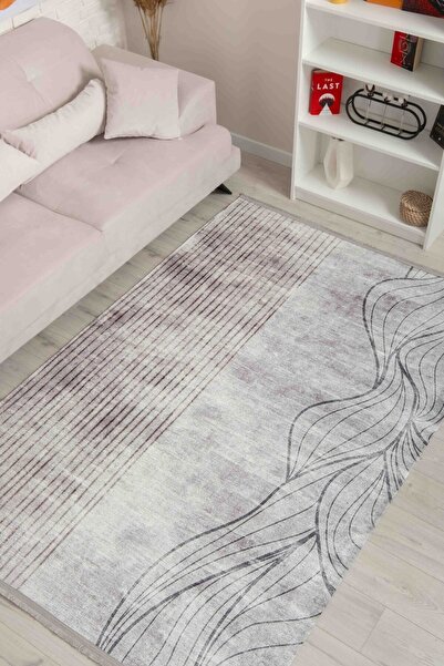 Oriente Home Çiçek Desenli Açık Vizon Şönil Makina Halısı Yıkanabilir Saçaklı...