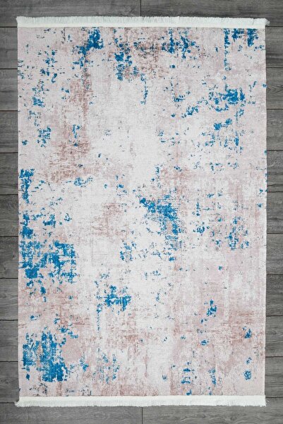 Oriente Home Abstract Desenli Mavi Bej Şönil Makina Halısı Yıkanabilir Saçakl...