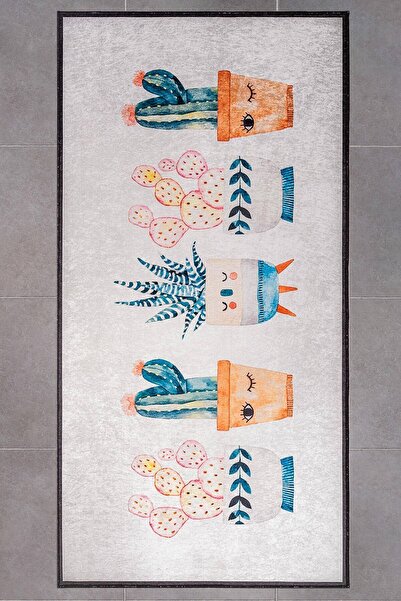 Oriente Home Kaktüs Figürlü Beyaz Kaymaz Taban Dijital Baskı Yıkanabilir Kadi...