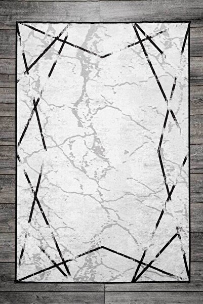 Oriente Home Bordür Desenli Gri Siyah Kadife Halı Yıkanabilir Kaymaz Taban Ha...