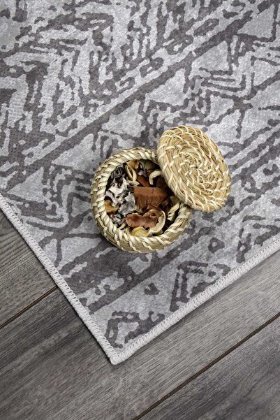 Oriente Home Iskandinav Desenli Koyu Gri Kadife Halı Yıkanabilir Kaymaz Taban Yolluk Koridor Halısı 7774