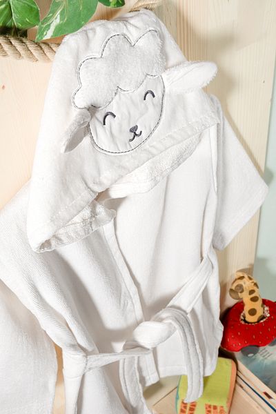 Tanem Home 100% Cotton Lamb Pattern Embroidered Hooded Children's Bathrobe for Girls / Boys