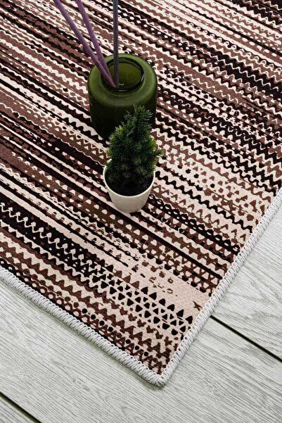 Oriente Home Χαλί διάδρομου με γραμμικό σχέδιο καφέ κρέμα που πλένεται με αντιολισθητική βάση βελούδο 7974