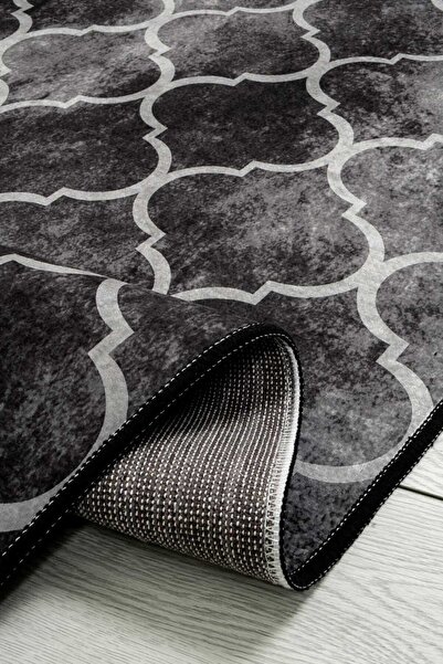 Oriente Home Bohemian Patterned Black Gray Washable Non-Slip Base Velvet Runner Hallway Carpet 7525