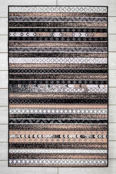 Oriente Home Linear Patterned Black Gray Beige Washable Non-Slip Base Velvet Runner Hallway Carpet 7934