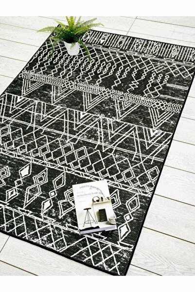 Oriente Home Iskandinav Desenli Siyah Beyaz Kadife Yıkanabilir Kaymaz Taban Y...